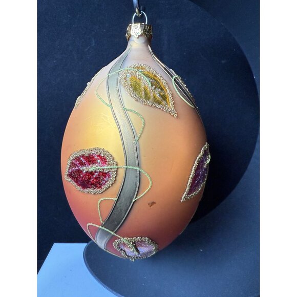 Hand-Painted Large 7" Glass Ornament With Beaded Leaf Design Autumn Colors - Picture 2 of 11